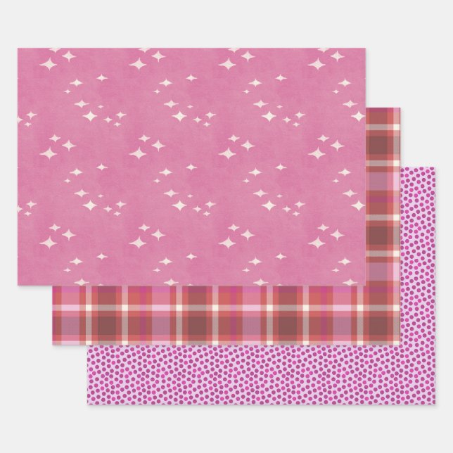 Feuille De Papier Cadeau Points roses chauds, étoiles et plaid (Lot)