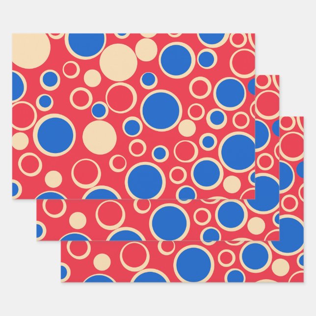 Feuille De Papier Cadeau Points Rouge Et Bleu Sur Rouge (Lot)