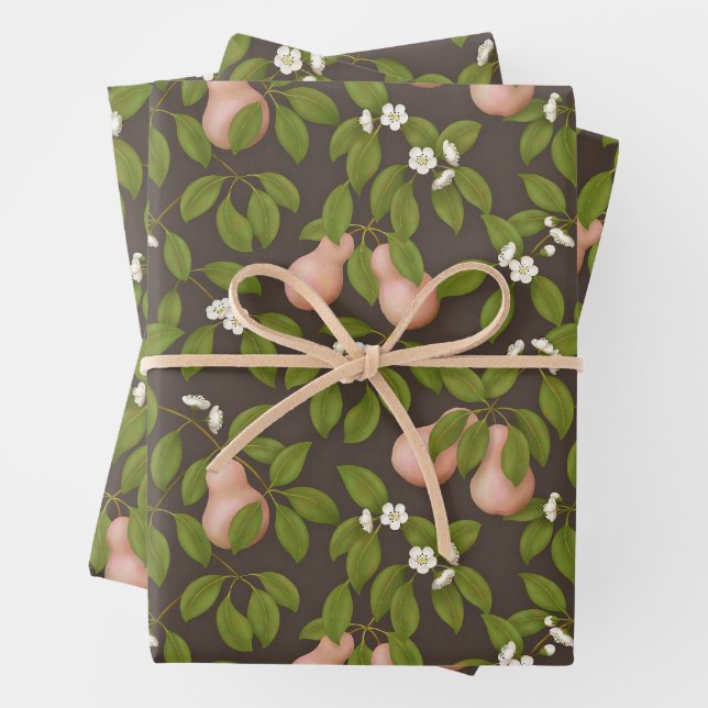 Feuille De Papier Cadeau Poires roses (brun foncé) (En situation)