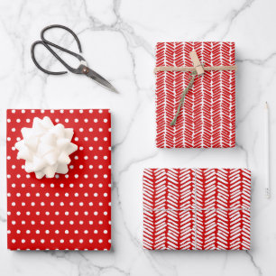 Feuille De Papier Cadeau Pois blancs amusants Chevron Stripes Sur Rouge