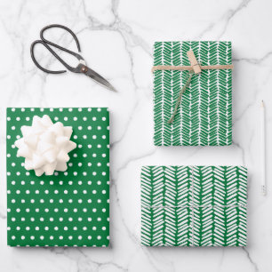 Feuille De Papier Cadeau Pois blancs amusants Chevron Stripes Sur Vert