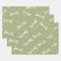 Pois blancs et libellules vert olive