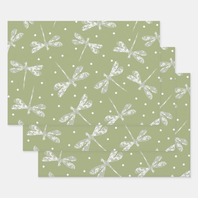 Feuille De Papier Cadeau Pois blancs et libellules vert olive (Lot)