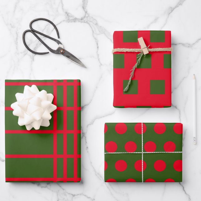 Feuille De Papier Cadeau Pois géométriques rouges et verts de Noël (Recto)