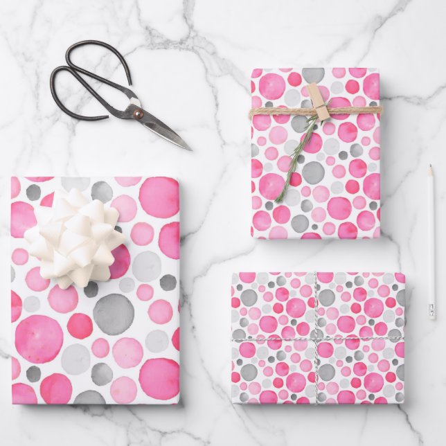 Feuille De Papier Cadeau Pois gris rose (Recto)