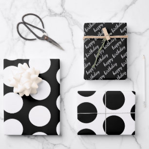 Feuille De Papier Cadeau Pois noirs et blancs Joyeux anniversaire