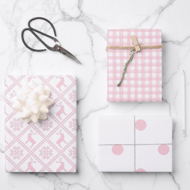 Feuille De Papier Cadeau Pois nordiques Plaid Baby Pink Noël (Recto)