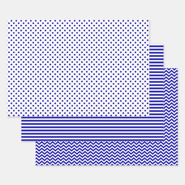Feuille De Papier Cadeau Pois Royal Blue and White Stripes Chevron (Lot)