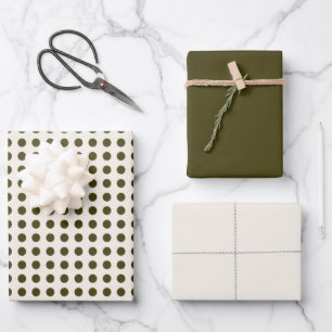 Feuille De Papier Cadeau Pois vert olive et couleur solide vieille dentelle