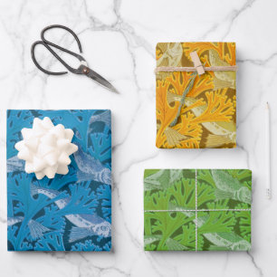 Feuille De Papier Cadeau Poisson bleu vintage et algues : Art Nouveau Nauti