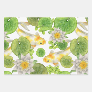 Feuille De Papier Cadeau Poisson Koi jaune et Lys d'eau blanche Étang