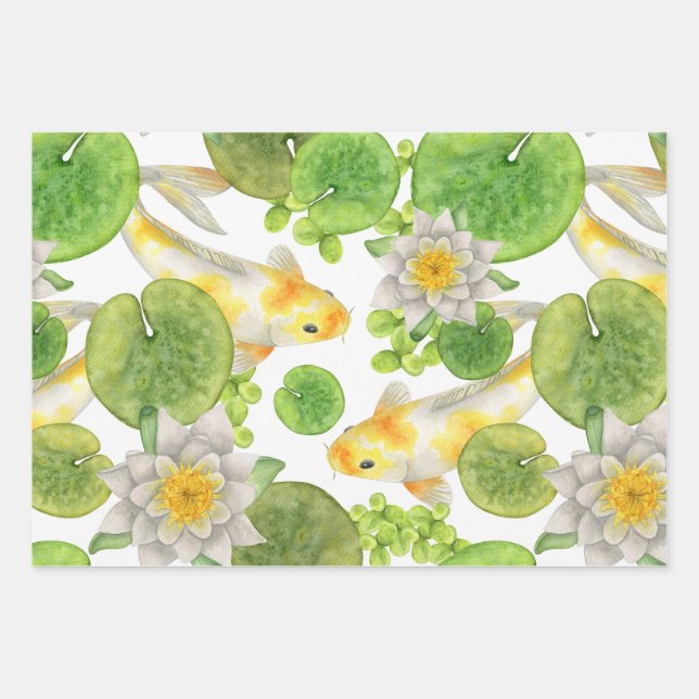 Feuille De Papier Cadeau Poisson Koi jaune et Lys d'eau blanche Étang (Devant)