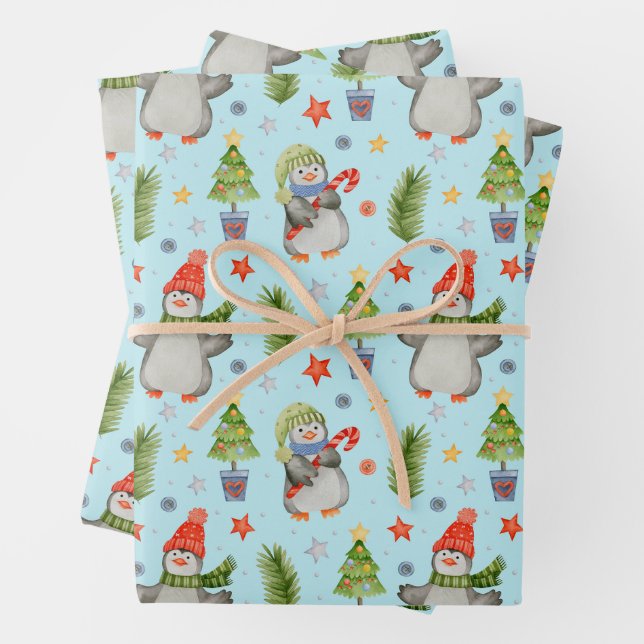 Feuille De Papier Cadeau Pôle Nord mignon Penguins de Noël (En situation)