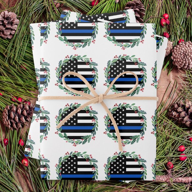 Feuille De Papier Cadeau Police mince ligne bleue couronne Joyeux Noël (Créateur téléchargé)
