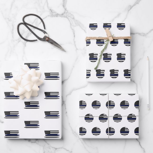 Feuille De Papier Cadeau Police Officier Mince Ligne Bleue Cop Police Polic (Recto)