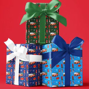 Feuille De Papier Cadeau Pompier Noël avec le Père Noël et dalmatien   