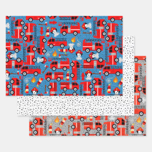 Feuille De Papier Cadeau Pompiers de Chien Dalmatien Avec Camions Mignons