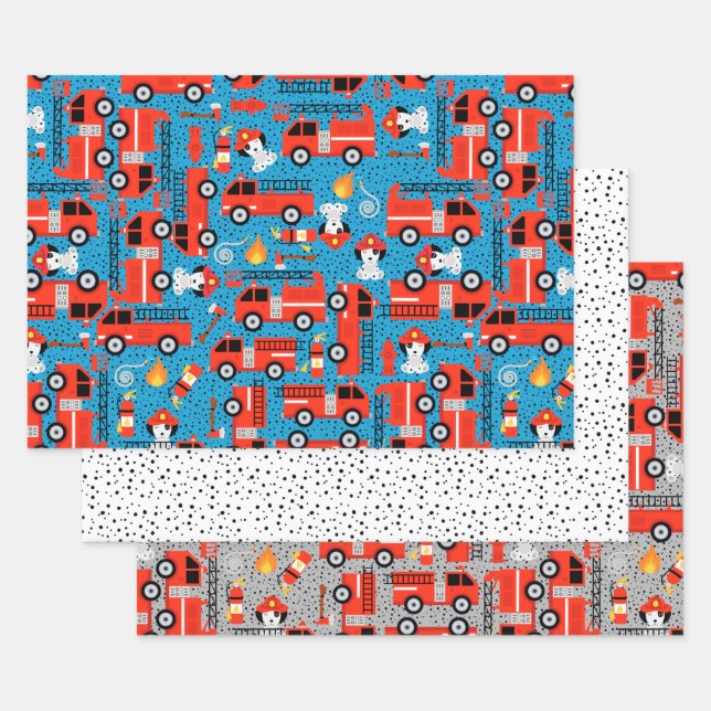 Feuille De Papier Cadeau Pompiers de Chien Dalmatien Avec Camions Mignons (Lot)