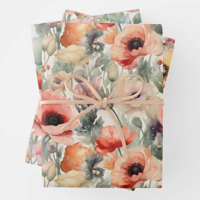 FEUILLE DE PAPIER CADEAU POPIES EN COULEUR D'EAU (En situation)