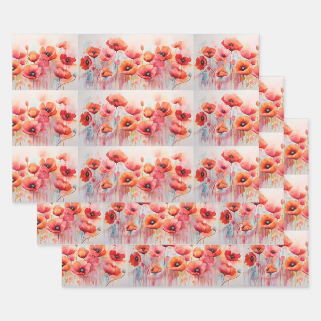 Feuille De Papier Cadeau Poppies rouges dans un Motif d'aquarelle de champ (Lot)