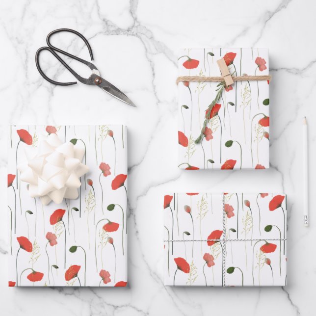 Feuille De Papier Cadeau Poppies rouges et roses (Recto)