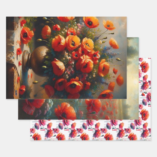 Feuille De Papier Cadeau Poppies rouges Floral Anniversaire (Lot)