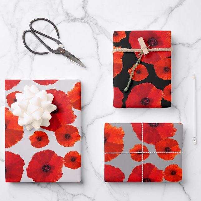 Feuille De Papier Cadeau Poppies rouges sur Black n Grey (Recto)