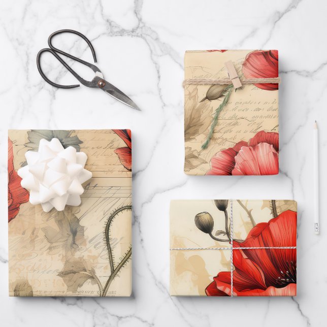 Feuille De Papier Cadeau Poppies rouges vintages inspirées (Recto)