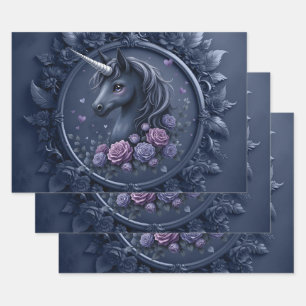 Feuille De Papier Cadeau Portrait Unicorne foncé dans un cadre rond