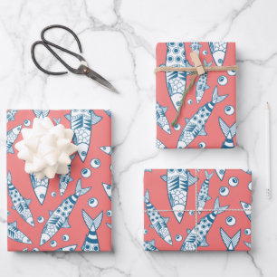 Feuille De Papier Cadeau Portugais Lisbonne Sardines Motif Azulejos rose