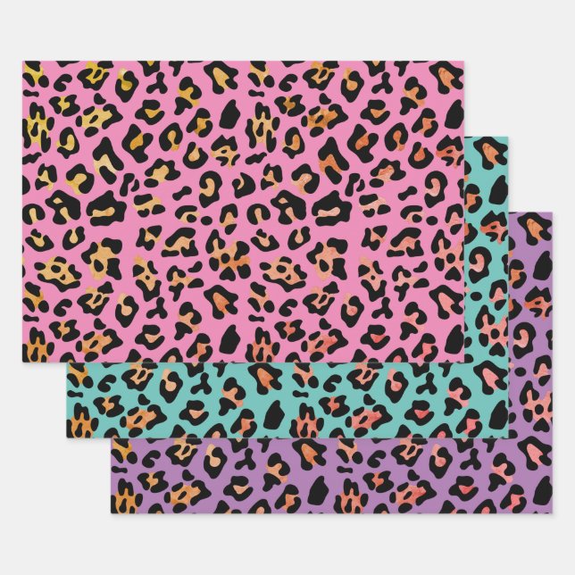 Feuille De Papier Cadeau Poster de animal de léopard rose Turquoise (Lot)