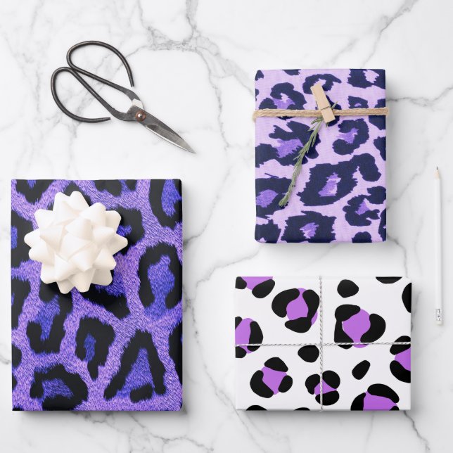 Feuille De Papier Cadeau Poster de animal Léopard Noir Violet (Recto)