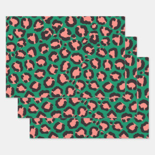 Feuille De Papier Cadeau Poster de animal Léopard vert rose corail moderne