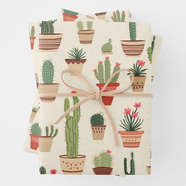 Feuille De Papier Cadeau Pots Plantes Cactus mignons Impression Carrelée (En situation)