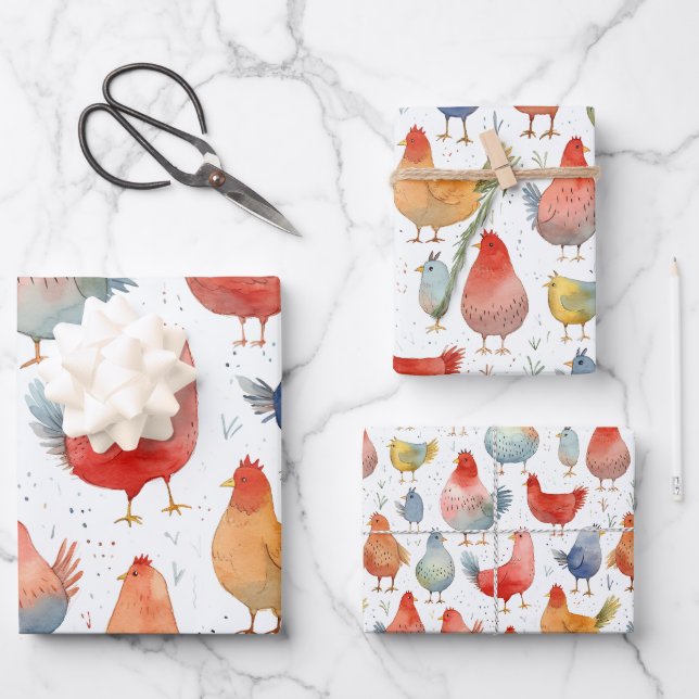 Feuille De Papier Cadeau Poulet Aquarelle Silly Anniversaire 3 Cadeau (Recto)