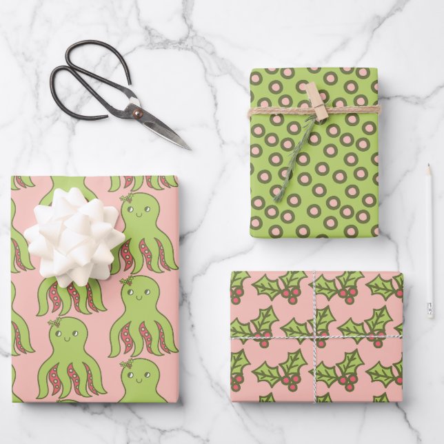 Feuille De Papier Cadeau poulpe de Noël (Recto)