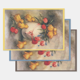Feuille De Papier Cadeau Poussins de Pâques vintages, Oeufs aux fleurs de t