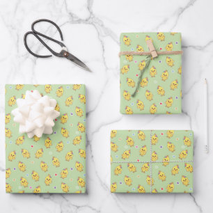 Feuille De Papier Cadeau Poussins Fantaisie Motif Kawaii Vert