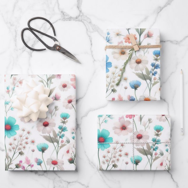 Feuille De Papier Cadeau Prairie de fleurs sauvages blanc, vert, bleu (Recto)