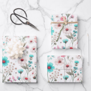 Feuille De Papier Cadeau Prairie de fleurs sauvages blanc, vert, bleu, marr