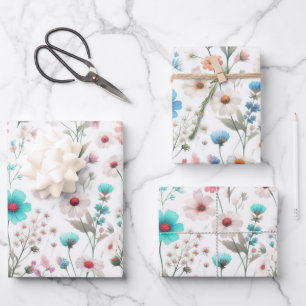 Feuille De Papier Cadeau Prairie de fleurs sauvages blanche, verte, bleue