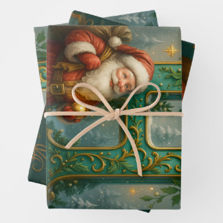 Feuille De Papier Cadeau Premier H doré avec Père Noël et Couronne