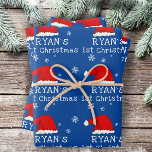 Feuille De Papier Cadeau Premier Noël de bébé Chapeau de Père Noël bleu Flo