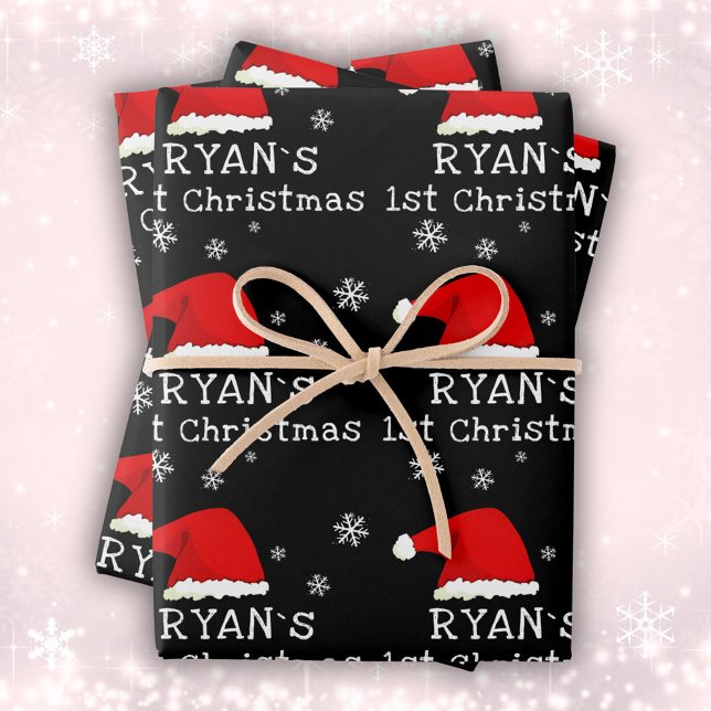 Feuille De Papier Cadeau Premier Noël du bébé Feu de neige Noir du Père Noë (Créateur téléchargé)