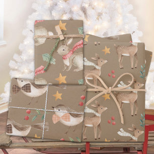 Feuille De Papier Cadeau Premier oiseau lapin renne de Noël de Rustique béb