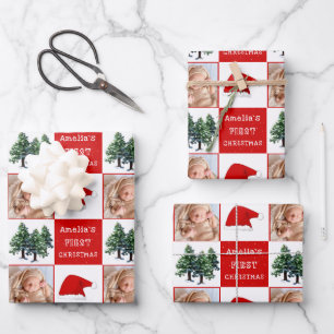 Feuille De Papier Cadeau Première photo de Noël du bébé Santa Hat Snow Tree