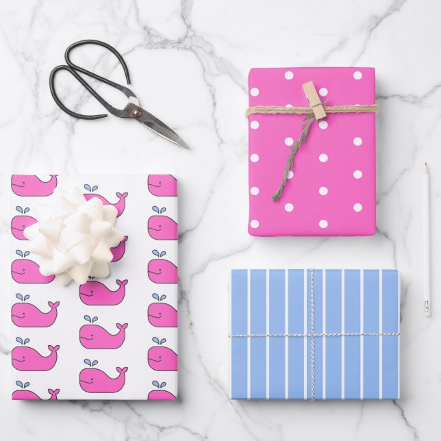 Feuille De Papier Cadeau Preppy baleines rose et bleue Pois et rayures (Recto)