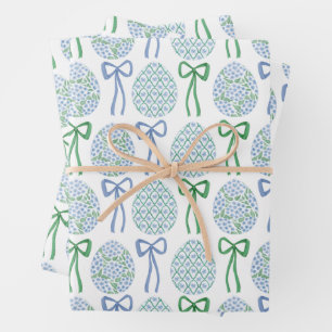Feuille De Papier Cadeau Préppy Bleu et Vert Vaches et Oeufs de Pâques