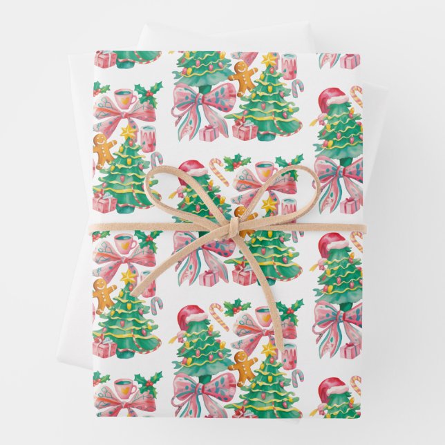 Feuille De Papier Cadeau Preppy Christmas Tree Bow Pink Blue Coquette (En situation)