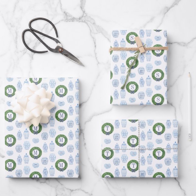 Feuille De Papier Cadeau Preppy Ginger Jar Boxwood Wreath Monogrammes Vacan (Recto)